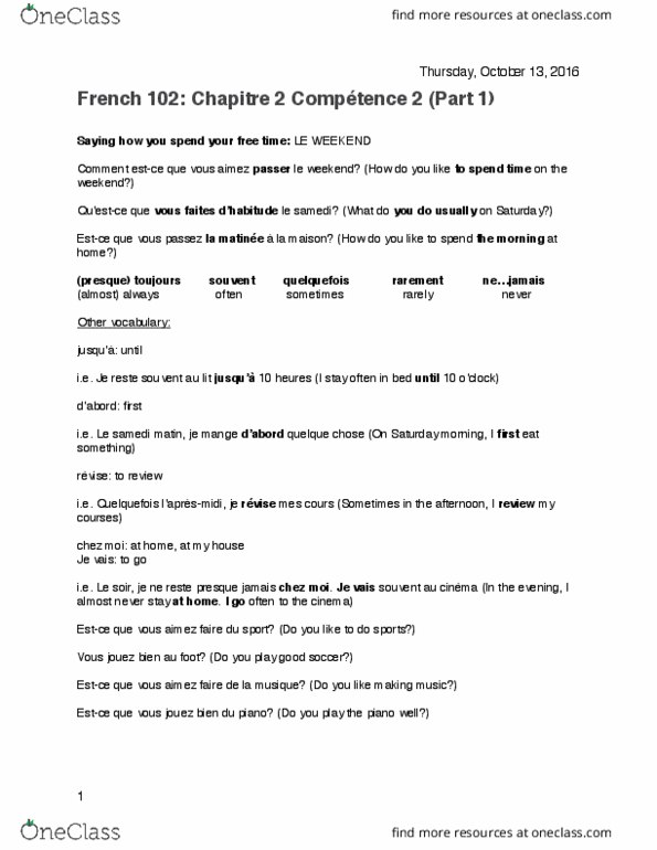 FREN 101 Chapter 2: French 102 Chapitre 2 Competence 2 Part 1 thumbnail