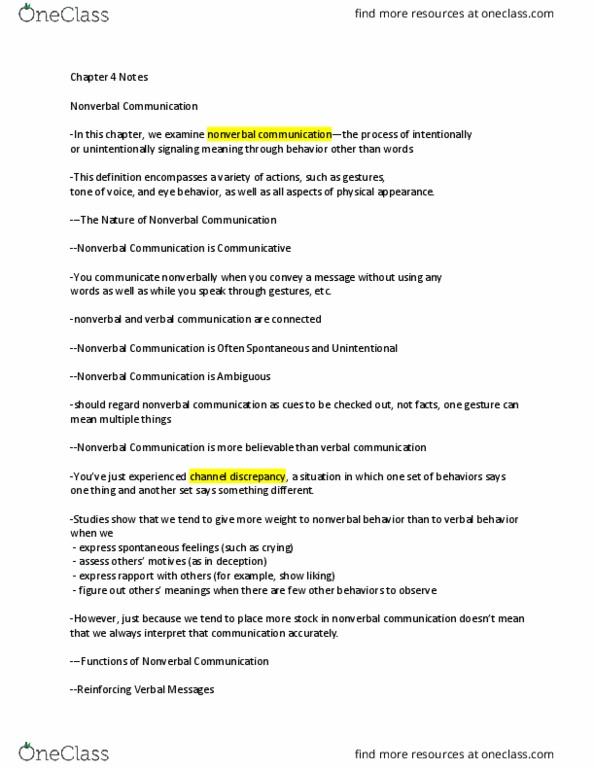 COMM 1 Chapter Notes - Chapter 4: Chronemics, Kinesics, Nonverbal Communication thumbnail