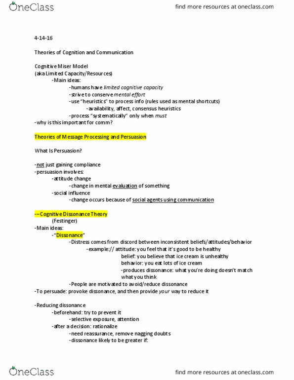 COMM 89 Lecture Notes - Lecture 6: Elaboration Likelihood Model, Cognitive Dissonance thumbnail