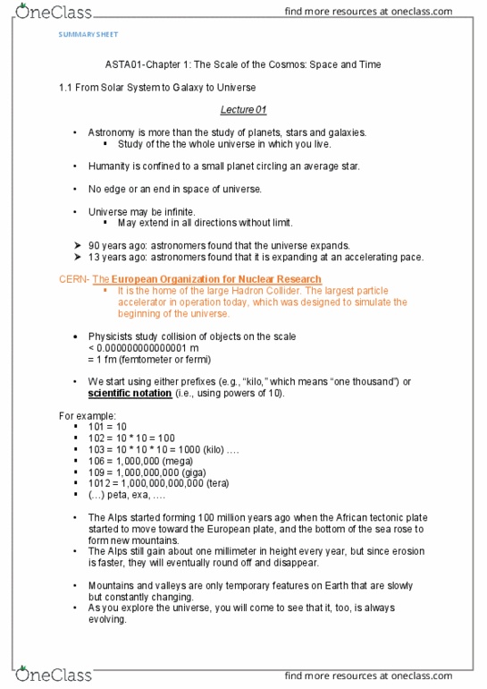 ASTA01H3 Lecture Notes - Observable Universe, Milky Way, Cosmic Calendar thumbnail