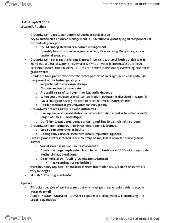 EESC07H3 Lecture Notes - Water Table, Water Resource Management, Water Cycle thumbnail