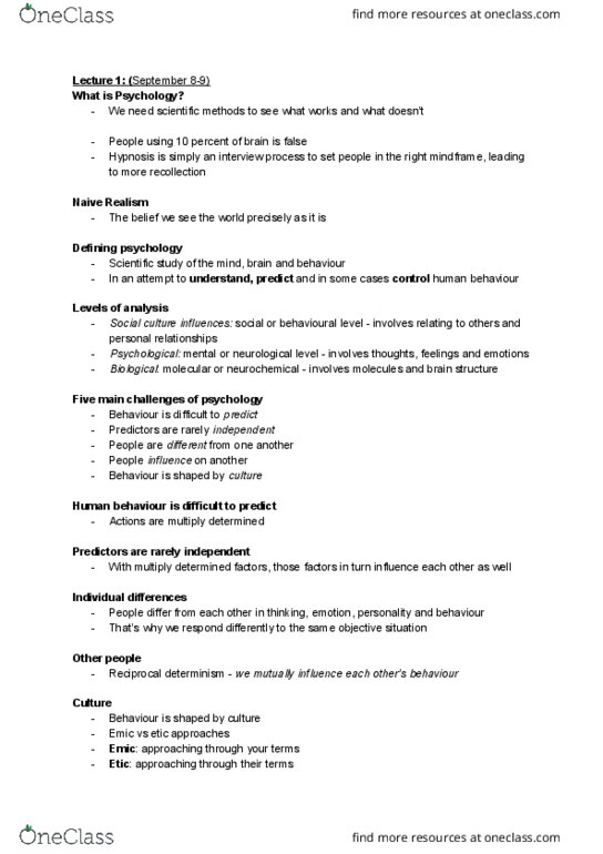 PSY 105 Lecture Notes - Lecture 1: Abraham Maslow, Sigmund Freud, Evolutionary Psychology thumbnail