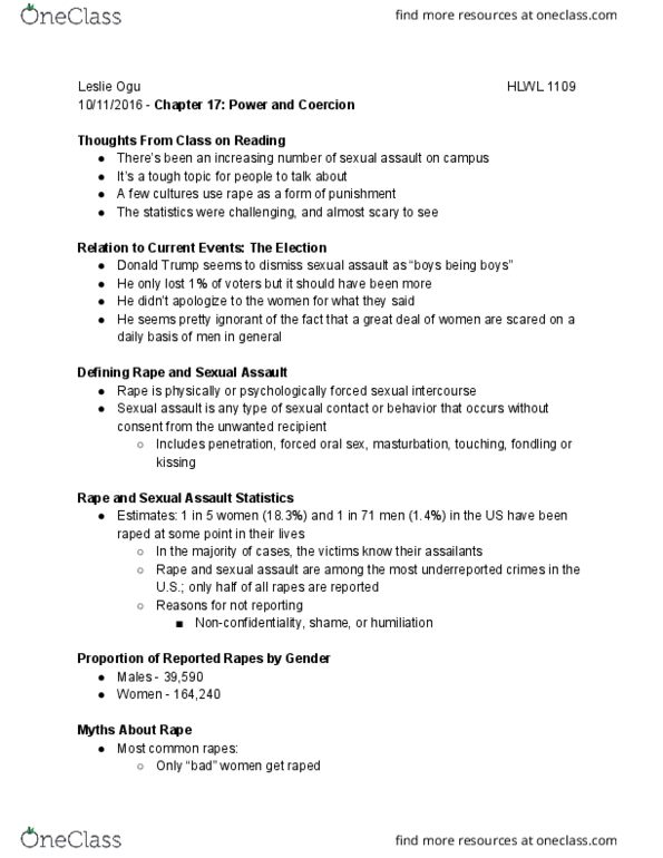 HLWL 1109 Lecture Notes - Lecture 11: Prison Rape Elimination Act Of 2003, Rape Crisis Center, Sexual Assault thumbnail