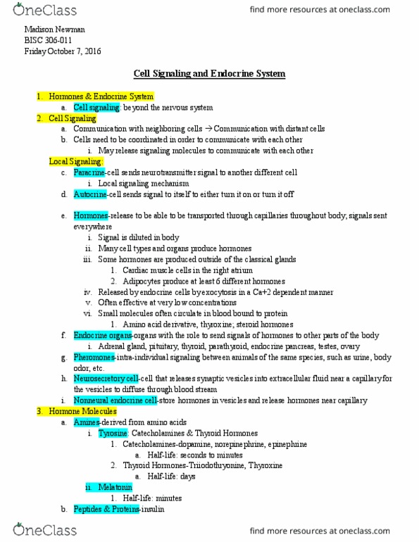 BISC306 Lecture Notes - Lecture 13: Melatonin, Body Odor, Catecholamine thumbnail