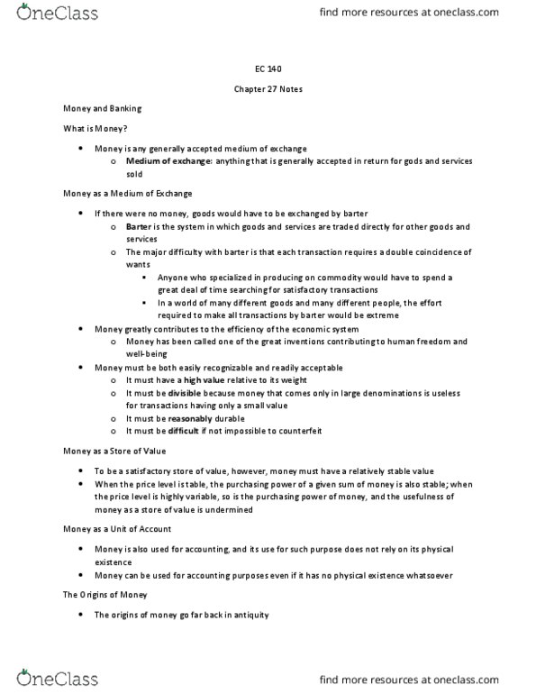 EC140 Chapter Notes - Chapter 27: Reserve Requirement, Credit Union, Interbank thumbnail
