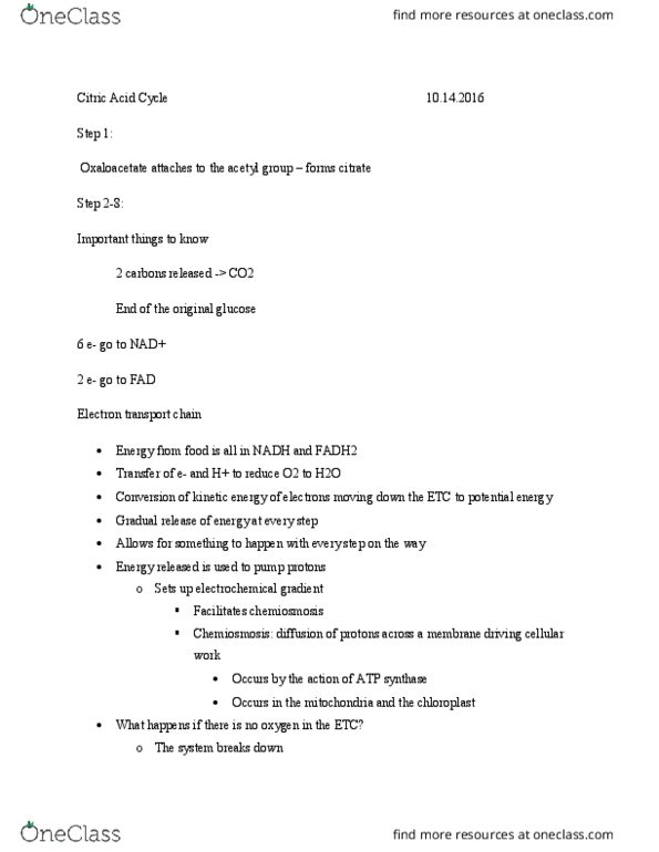 BIO 311C Lecture Notes - Lecture 15: Pyruvic Acid, Cytosol, Glycolysis thumbnail