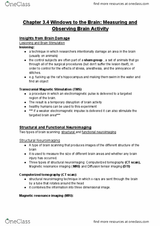 PSYA01H3 Lecture Notes - Lecture 11: Magnetic Resonance Imaging, Transcranial Magnetic Stimulation, Diffusion Mri thumbnail