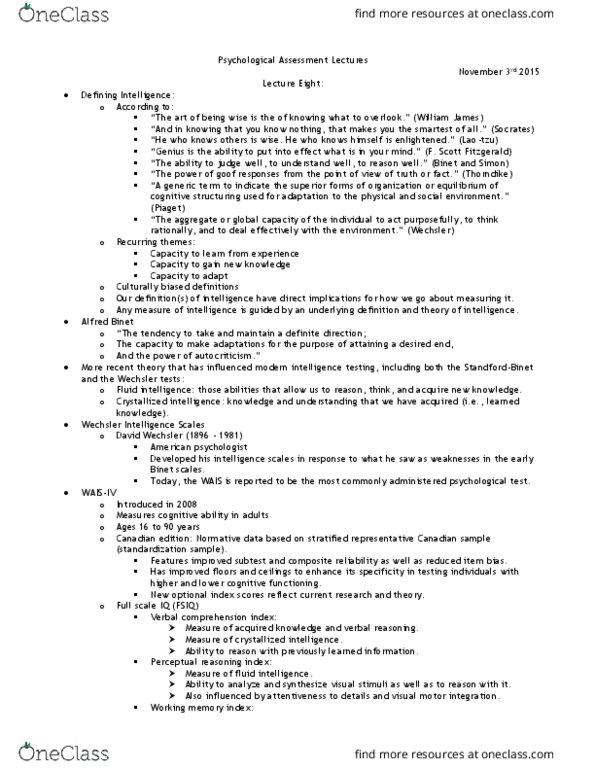 PSYC37H3 Lecture Notes - Lecture 8: David Wechsler, Fluid And Crystallized Intelligence, American Psychologist thumbnail