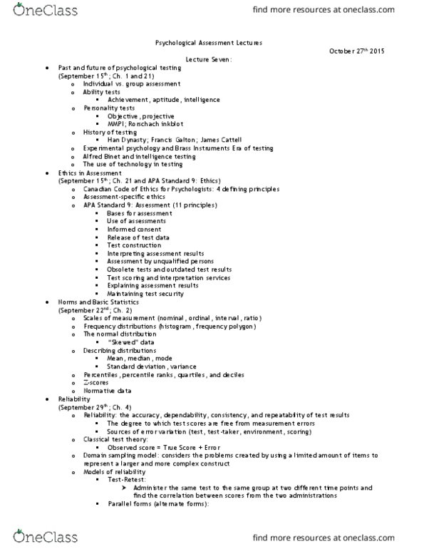 PSYC37H3 Lecture Notes - Lecture 7: Mental Status Examination, Classical Test Theory, Criterion Validity thumbnail