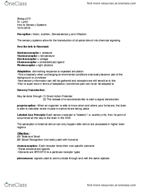 BIO 012 Lecture Notes - Lecture 11: Signal Transduction, Thermoreceptor, Chemoreceptor thumbnail