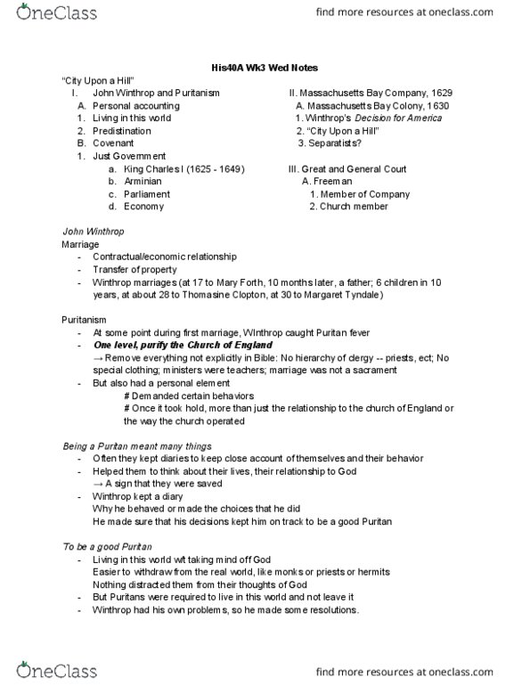 HISTORY 40A Lecture Notes - Lecture 9: Joint-Stock Company, Entrust, Massachusetts Bay Colony thumbnail