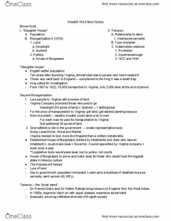 HISTORY 40A Lecture Notes - Lecture 6: Indentured Servant, Indian Massacre Of 1622, Quit-Rent thumbnail