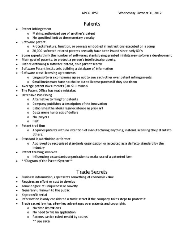 APCO 1P50 Lecture Notes - Patent Infringement, Anticybersquatting Consumer Protection Act, Reverse Engineering thumbnail