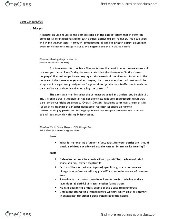 LAW 600A Lecture Notes - Lecture 23: Westfield Garden State Plaza, Parol Evidence Rule thumbnail