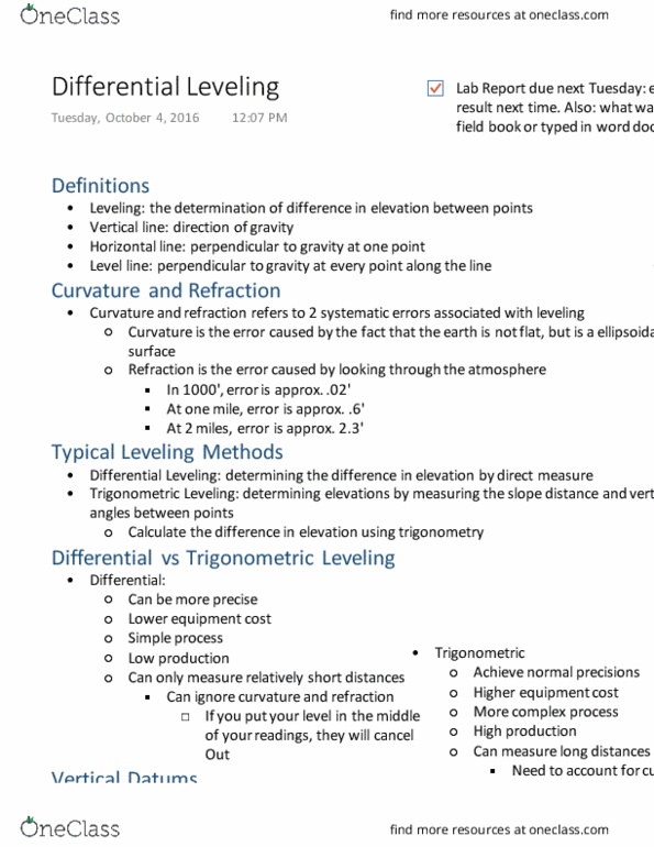 BRAE 239 Lecture Notes - Lecture 4: North American Vertical Datum Of 1988, Sea Level Datum Of 1929, Refraction thumbnail