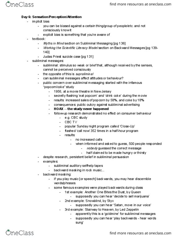 PSYC 1000 Lecture Notes - Lecture 6: Change Blindness, Introspection Illusion, Subliminal Stimuli thumbnail