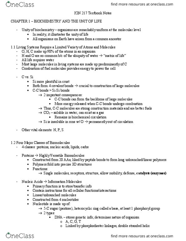 KIN217 Chapter Notes - Chapter 1: Nuclear Membrane, Chloroplast, Mitochondrion thumbnail