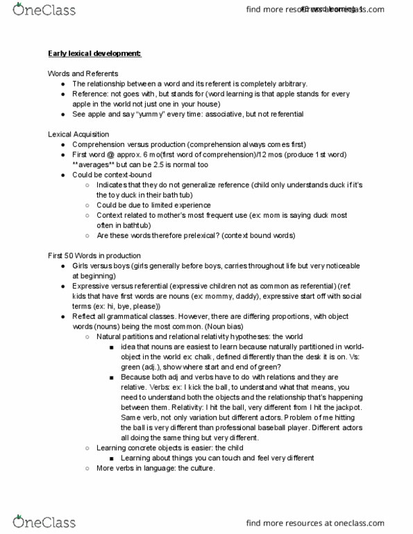 PSY 3136 Lecture Notes - Lecture 8: Joint Attention, Psycholinguistics, Fast Mapping thumbnail