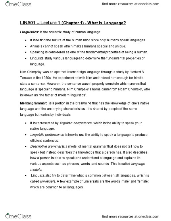 LINA01H3 Lecture Notes - Lecture 1: Linguistic Prescription, Linguistic Performance, Preposition And Postposition thumbnail