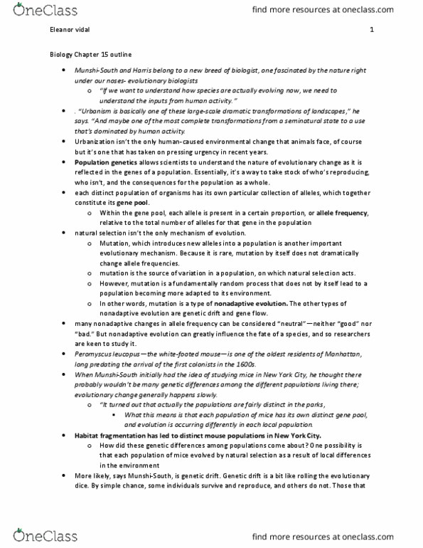 BSC 2005 Chapter Notes - Chapter 15: Reproductive Isolation, Habitat Fragmentation, Population Genetics thumbnail