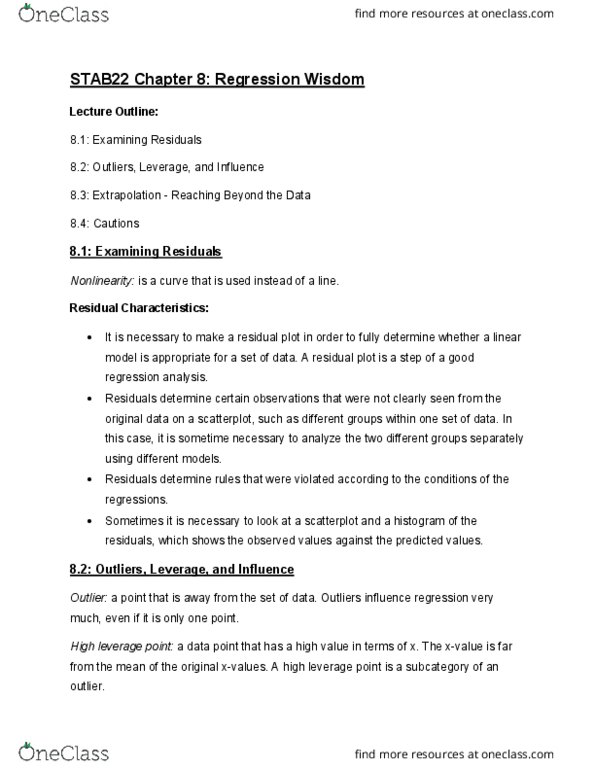 STAB22H3 Chapter Notes - Chapter 8: Summary Statistics, Scatter Plot, Dependent And Independent Variables thumbnail