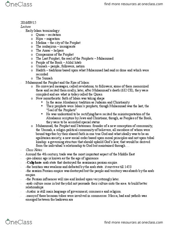 HIST 2890 Lecture Notes - Lecture 2: Sharia, Quraysh, Ummah thumbnail