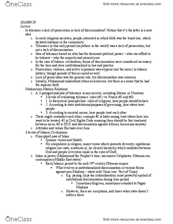 HIST 2890 Lecture Notes - Lecture 6: Jizya, Millenarianism, Tanzimat thumbnail