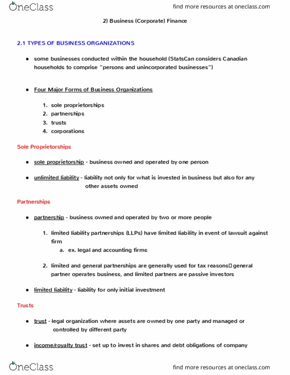 COMM 308 Chapter Notes - Chapter 2: Corporate Finance, Financial Institution, Public Company thumbnail