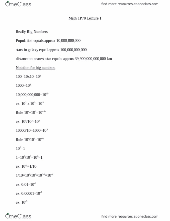 MATH 1P70 Lecture Notes - Lecture 1: Scientific Notation thumbnail