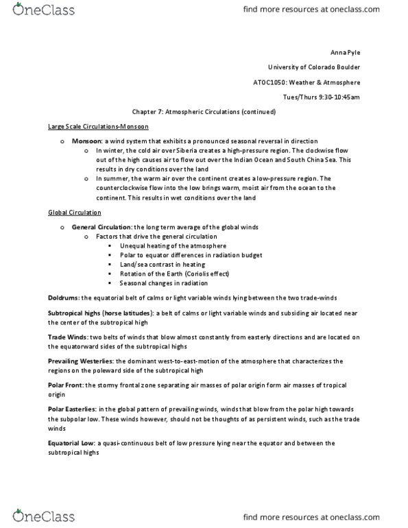 ATOC 1050 Lecture Notes - Lecture 15: Intertropical Convergence Zone, Polar Front, Earth'S Energy Budget thumbnail