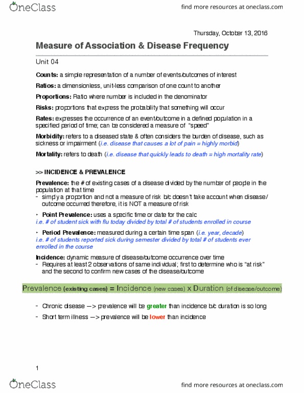 POPM 3240 Lecture Notes - Lecture 5: Cumulative Incidence, Case Fatality Rate, Prevalence thumbnail
