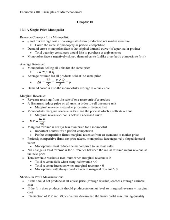 ECON 101 Chapter Notes - Chapter 10: Takers, Perfect Competition, Transact thumbnail