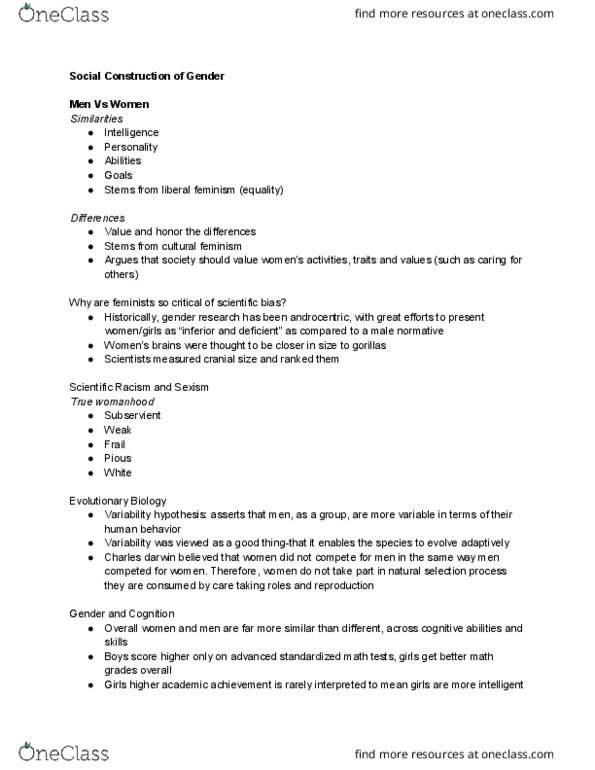 WMNST 325 Lecture Notes - Lecture 7: Cultural Feminism, Emotional Expression, Androcentrism thumbnail