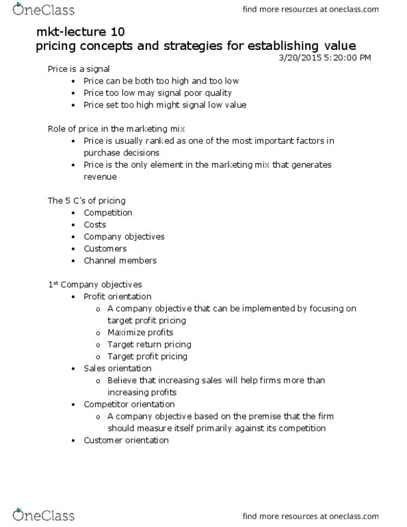 MKT 100 Lecture Notes - Lecture 10: Blu-Ray, Marketing Mix, Price Fixing thumbnail