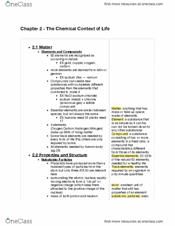 BIO SCI 93 Chapter Notes - Chapter 2: Atomic Number, Atomic Nucleus, Ionic Compound thumbnail