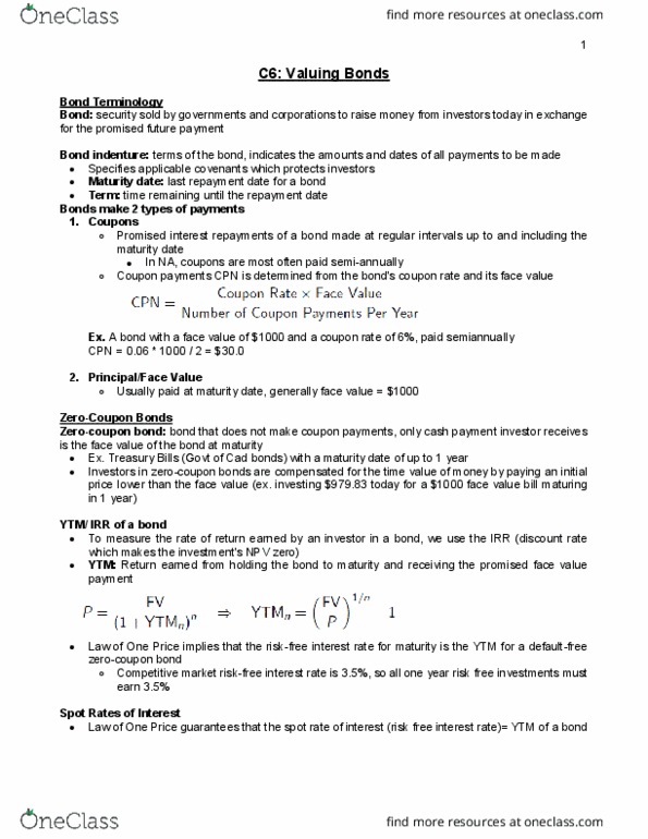AFM273 Chapter Notes - Chapter 6: Spot Contract, Net Present Value, Corporate Bond thumbnail