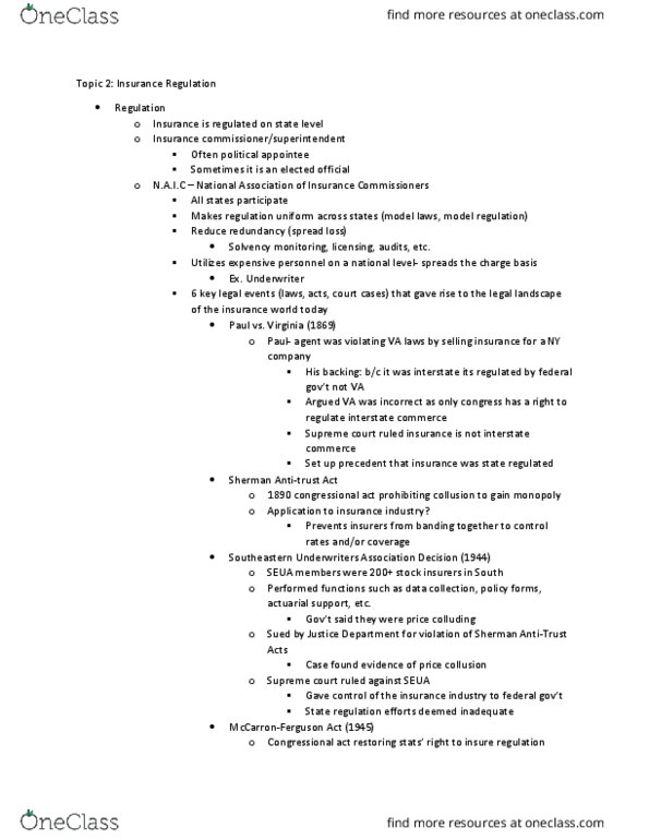 RMI 3502 Lecture Notes - Lecture 2: Sherman Antitrust Act thumbnail