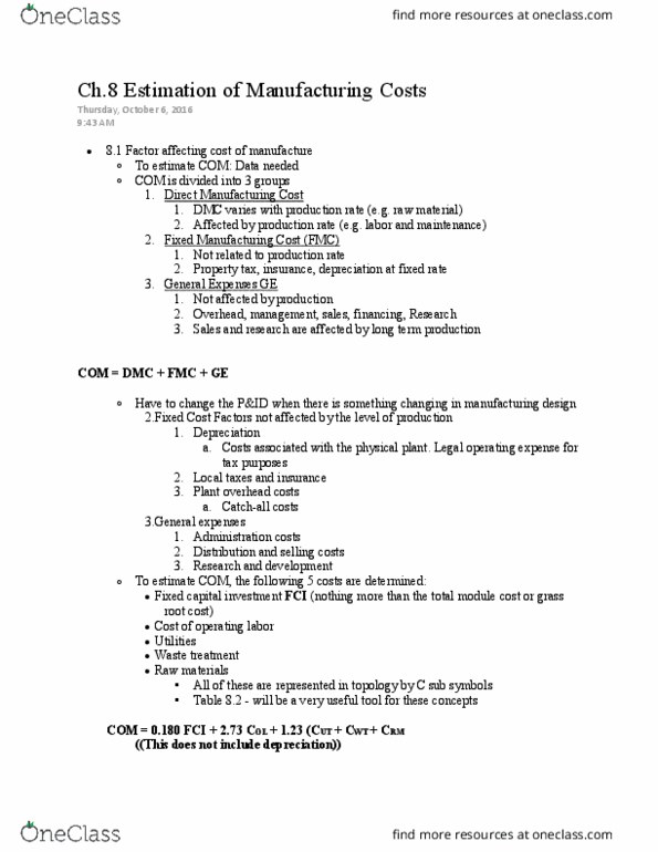 CHE 481 Lecture Notes - Lecture 4: Operating Expense, Waste Treatment, Fixed Capital thumbnail