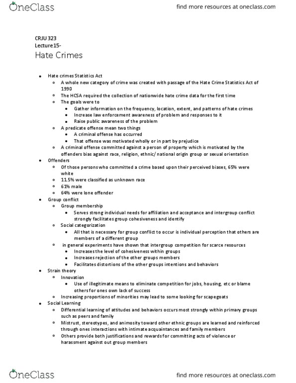 CRJU 323 Lecture Notes - Lecture 15: Hate Crime Statistics Act, Gun Control, Group Cohesiveness thumbnail