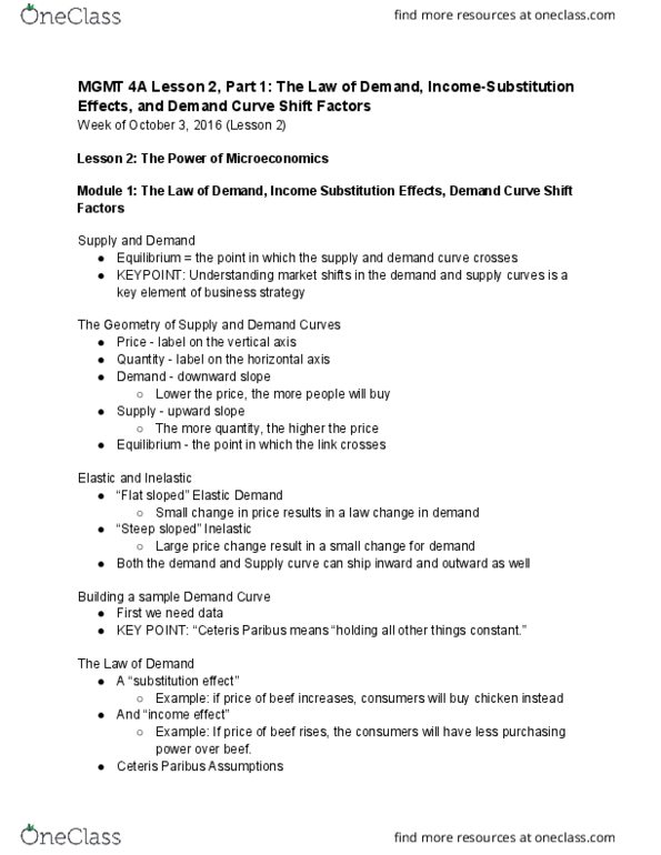 MGMT 4A Lecture Notes - Lecture 4: Oatmeal, Corn Flakes, Demand Curve thumbnail