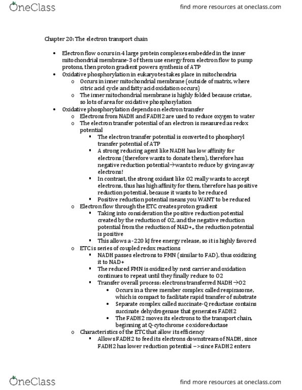 BIOC 3110 Chapter Notes - Chapter 20: Cytochrome, Joule, Intermembrane Space thumbnail