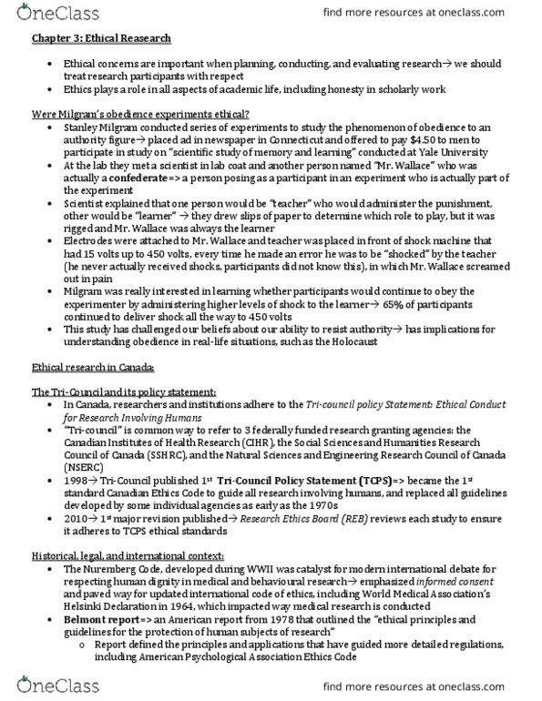 PSYB01H3 Chapter Notes - Chapter 3: Informed Consent, Belmont Report, Demand Characteristics thumbnail