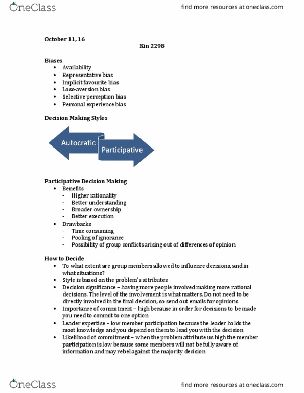 Kinesiology 2298A/B Lecture Notes - Lecture 10: Decision-Making, Selective Perception thumbnail