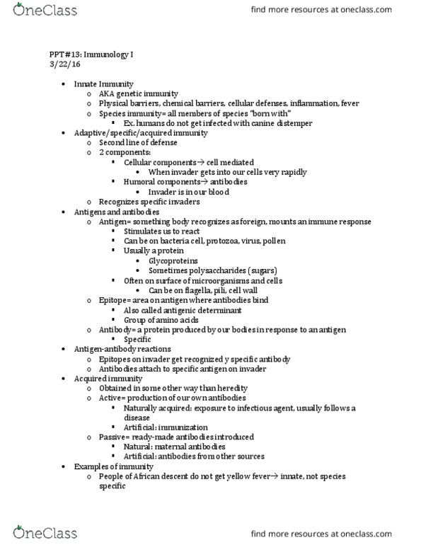 BIOS10115 Lecture Notes - Lecture 13: Immunoglobulin G, Protozoa, Adaptive Immune System thumbnail