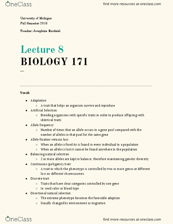 BIOLOGY 171 Lecture Notes - Lecture 8: Heterozygote Advantage, Disruptive Selection, Pleiotropy thumbnail