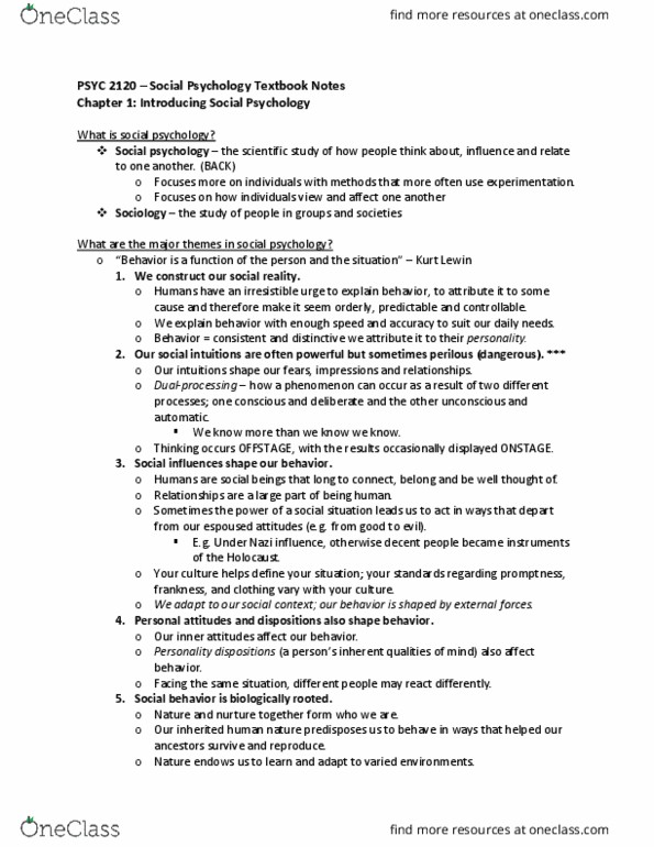 PSYC 2120 Chapter Notes - Chapter 1: Operationalization, Social Neuroscience, Demand Characteristics thumbnail