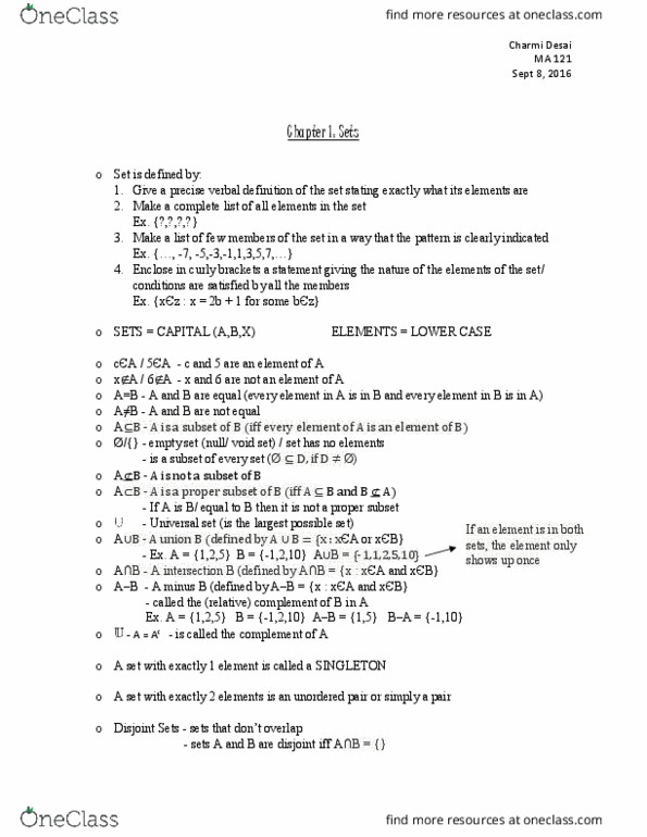 MA121 Lecture Notes - Lecture 1: Unordered Pair, Subset, Universal Set thumbnail