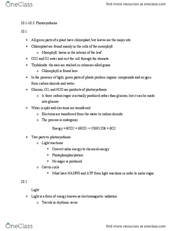 BIO 311C Chapter Notes - Chapter 10.1-10.3: Endergonic Reaction, Photophosphorylation, Accessory Pigment thumbnail