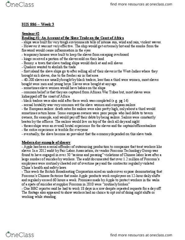 HIS 886 Lecture Notes - Lecture 3: Fair Labor Association, Triangular Trade, Violent Waves thumbnail