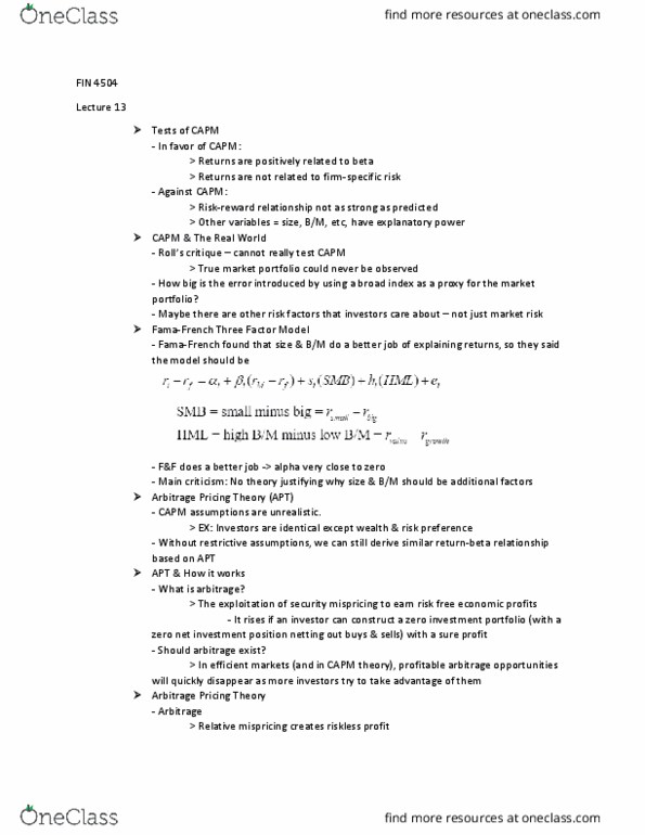 FIN 4504 Lecture Notes - Lecture 13: Market Risk, Capital Asset Pricing Model, Arbitrage thumbnail